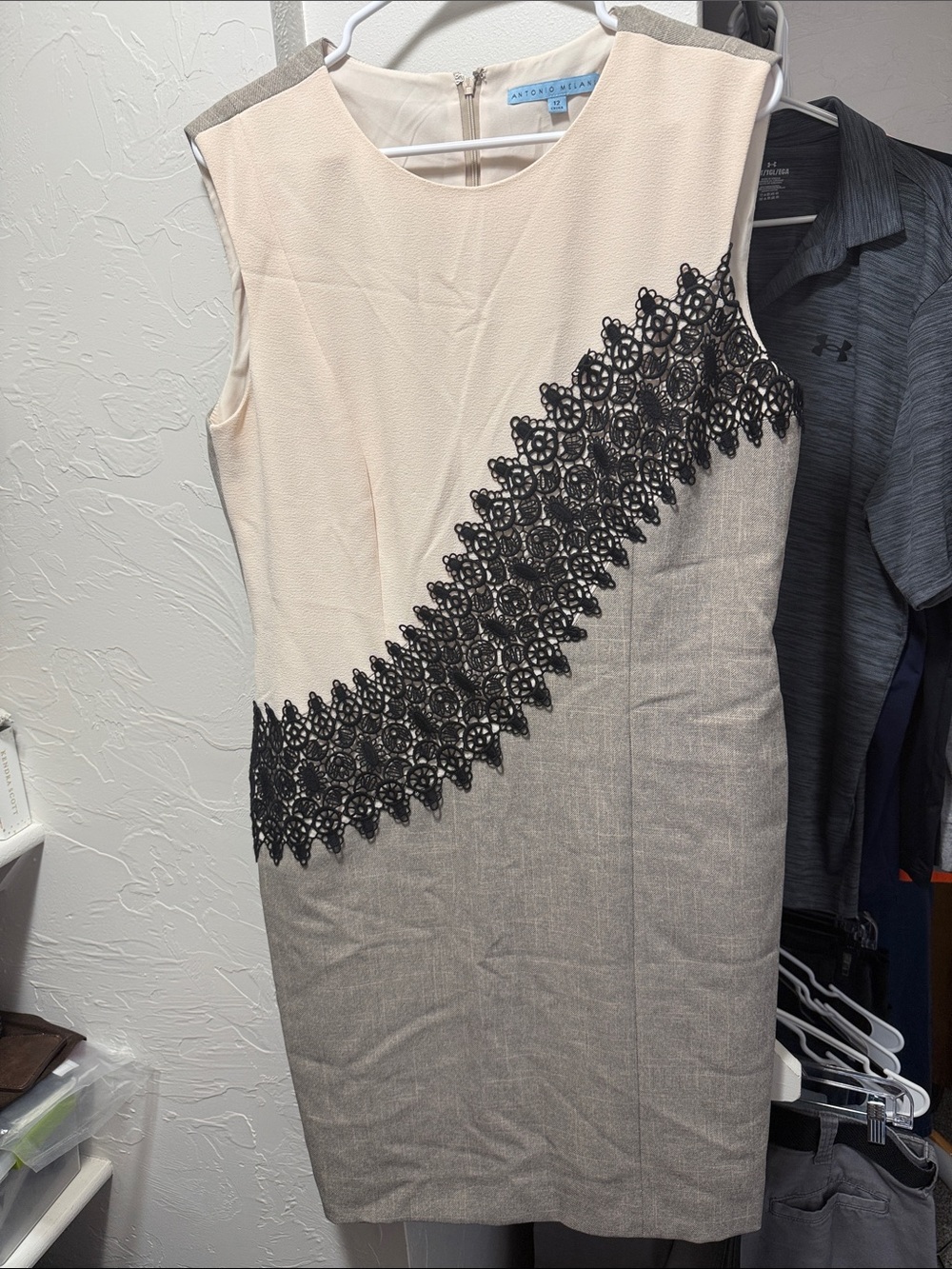 ANTONIO MELANI Cream and Gray Sheath Dress with Black Lace Detail